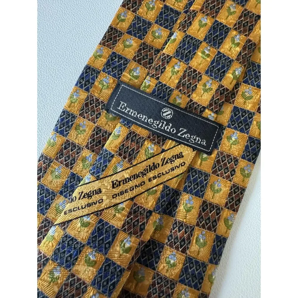 Ermenegildo Zegna Tie Mens Gold Floral Tile Print 100% Silk Made In Italy